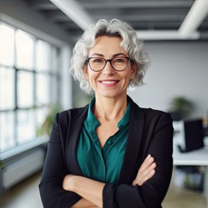 Smiling gray-haired woman in business setting